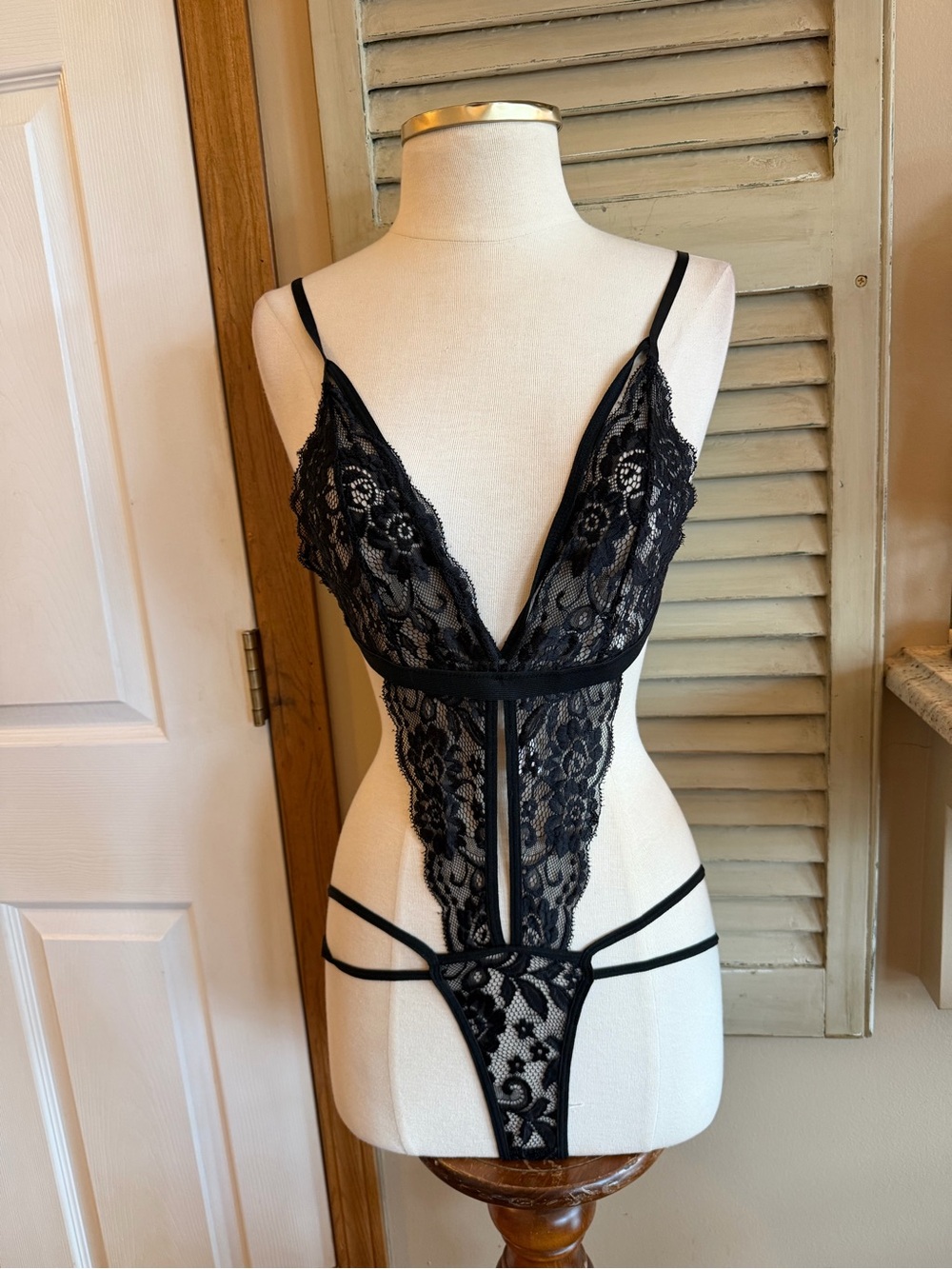 Sheer Black Lace Strappy Teddy Bodysuit - Women's Intimates